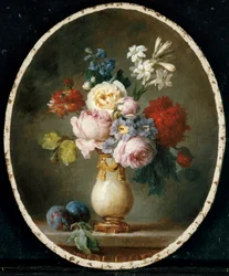 Maljakko kukkia ja kaksi luumua marmoripöydällä, 1781