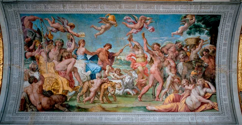 Bacchus (Dionysos, Bacco) palaa tankissaan Intiasta ja tapaa Annibale Carraccin (Annibal Carrache) (1560-1609) Thesee Frescon hylkäämän Arianen. 1597-1600 Rooma, Palazzo Farnese