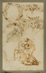 Humalainen Silenus ja koristeellisia luonnoksia: Tutkimuksia Tazza Farnese -teosta varten (etusivu); Kaksi taistelevaa puttia: Tutkimus Galleria Farnesea varten (kääntöpuoli).