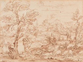 Maisema, jossa on paimen ja sikoja,
1500-1700-luvun alkupuoli (Tussi ja muste paperille).