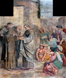 Ruusujen ihme – ruuanvarkauksista syytetty espanjalainen fransiskaanimunkki Saint Diego Alcalasta (1400-1463) huomaa, että hänen tapansa antaa köyhille kätketyt elintarvikkeet ovat muuttuneet ruusuiksi – Annibale Carraccin maalaus (An