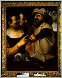 Mies ja nainen ihailevat naamiaisasuista lasta, noin 1582-85 (öljy kankaalle).