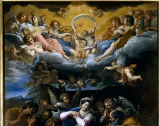 The Adoration of the Shepherds Yksityiskohta, joka edustaa taivaallisten enkelien konserttia laulamassa Jumalan kunniaa. Annibale Carraccin tai Annibal Carrachen (1560-1609) maalaus. 1597. Orleans, Fine Arts Museum.