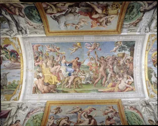 Galleria di Carracci Carracci-sali yksityiskohta Bacchuksen ja Ariadnen riemuvoitosta, 1597-1604, fresko