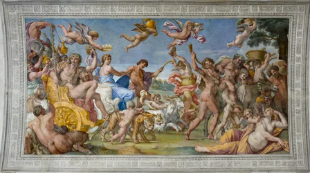 Bacchuksen ja Ariadne par Carraccin voitto, Annibale (1560-1609). Tuore, n. 1597, Palazzo Farnese, Rooma