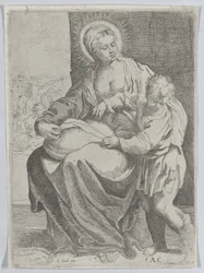 Neitsyt istuu pitelee tyynyä sylissään ja nuori Kristus seisoo oikealla..., 1580-1600.