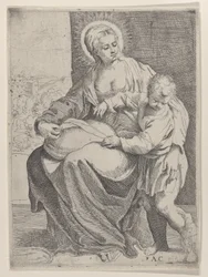 Neitsyt istuu pitelee tyynyä sylissään ja nuori Kristus seisoo oikealla..., 1580-1600.
