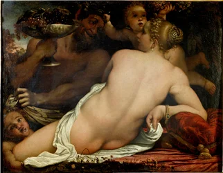 Bacchante, Venus, satyr ja kaksi kupidosta, yksityiskohta (öljy kankaalle, n. 1588)