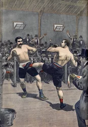 Nyrkkeilyhyökkäys: Ranskan mestarin Joseph Charlemontin (1839-1918) voitto Jerry Driscollia vastaan "savate" -tekniikalla" Le Petit Journalissa 1899