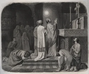 SAINT MARTIN eveque de Toursin (316-397) yläpuolelle ilmestyy tulipallo hänen työskennellessään. Kaiverrus vuodelta 1846 kirjassa "Pyhien elämää". Yksityinen kokoelma.