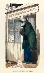 Julkinen kirjailija vuonna 1840 Pariisissa, kaiverrus, yksityinen kokoelma - Julkinen kirjailija Pariisissa