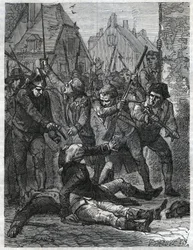 Kohtaus Ranskan vallankumouksen ajalta: sotilaat ja Lillen asukkaat surmasivat Theobald de Dillonin (1745-1792) ja Berthois-nimisen pioneeriupseerin syyttäen heitä maanpetoksesta. Kaiverrus vuodelta 1866 teoksesta "Histoire de la Révolution française"