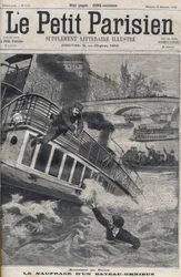 Onnettomuus Seinejoella Pariisissa - Omnibussiveneen uppoaminen: veneen miehistö hyppää Seineen pelastautuakseen. Le Petit Parisien, 18/12/1898.