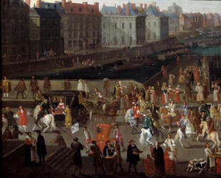 Aktiviteetit ja kulku Pont Neufilla Pariisissa Nimetön maalaus 1600-luvulta. Pariisi, Musee d