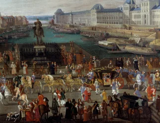 Aktiviteetit ja kulku Pont Neufilla Pariisissa Nimetön maalaus 1600-luvulta. Pariisi, Musee d
