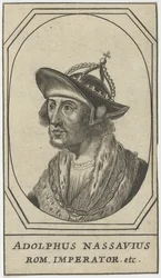 Adolphe de Nassau (1250-1298) - Adolf Nassaulainen, roomalaisten kuningas, Anonyymi. Etsaus, koko: 10,8x6,2