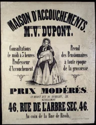 Syntymäkodin (äitiyskodin) mainonta Pariisissa vuonna 1850. Madame Dupont, halvat hinnat 46 rue de l