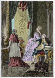 Kuningattaren kaulakoruskandaali (1785-1786): kardinaali Louis René Édouard de Rohan (1734-1803) kuningas Ludvig XVI:n (1754-1793) ja kuningatar Marie-Antoinetten (1755-1793) edessä