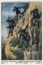 Alppimetsästäjät etsivät kadonneita saksalaisia turisteja. He halusivat mennä Chartreusen vuoren Nero-vuorelle (helmet du Nero). Kaiverrus "" Le Petite Journalissa" 7.7.1912. Yksityinen kokoelma.