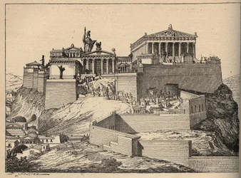 Antiikin Kreikka: Parthenon, Athenen temppeli, Ateenan Akropoliin kukkulalla, kaiverrus vuodelta 1890