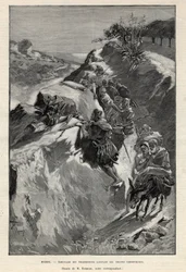 Andjera-vuoren kapina Marokossa: Angherristien väijytys odottamassa Sheriffin joukkoja. Kaiverrus "Le monde illustree" -kirjaan vuodelta 1892. Yksityinen kokoelma.