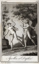 Apollo ja Daphne. Nymfi Daphne muuttuu laakeriksi paetakseen Apolloa. Kaiverrus vuodelta 1819 Charles Albert Demoustier