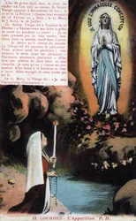 Neitsyt Marian Bernadette Soubirousin (1844-1879) esiintyminen Lourdesin luolassa - Hautes Pyrenees (65) -postikortti noin 1900.