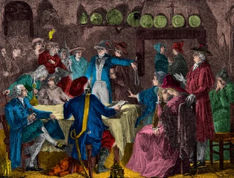 Kuningas Ludvig XVI:n ja kuninkaallisen perheen pidätys Varennesissa vuonna 1791, kaiverrus, yksityinen kokoelma