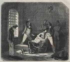 Brestin vankila: keppi. Pierre Zacconen (1817-1895) (1817-1895) (Colonia Penale - Penal Colony) kaiverrus kirjaan ”Vangoitujen historia heidän luomisestaan ​​nykypäivään” (1877). Yksityinen kokoelma.