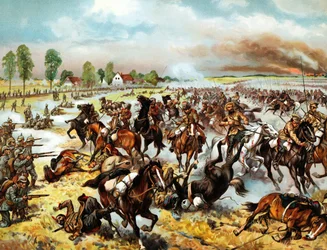 Tannenbergin taistelu (nykyisin Stebark, Puola) (1914) - Saksan VIII armeijan sekä Venäjän ensimmäisen ja toisen armeijan välillä - Tannenbergin taistelu, elokuu 1914 - Nimetön - 1914 - Värilitografia - 32,6x41,8 - Yksityiskokoelma