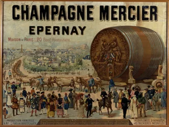 Iso tynnyri samppanjaa Expo Universelle de 1889 -näyttelyssä - Mercier-samppanjan mainosjuliste, 1800-luvun loppu