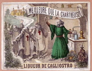 Cagliostro-likööri, joka on valmistettu munkkien aromaattisten yrttien tislaamisesta. kromolitografia 1800-luvulta.