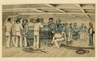 "" Brittiläiset laivaston tykkimiehet kannella "" (Brittiläiset laivaston tykkimiehet tykkikannella) Nimetön litografia noin 1850 Mitat 21,9 x 28,6 cm Yksityinen kokoelma