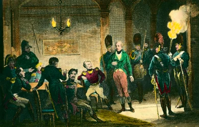 Louis de Bourbonin, Enghienin herttuan (1772-1804) tapaus: kohtaus prinssin oikeudenkäynnissä, jota epäillään salaliitosta ensimmäistä konsulia Napoleon Bonapartea vastaan, hänet tuomittiin ja teloitettiin ilman todisteita. Kaiverrus vuodelta 1804. Yksityi
