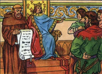 Kaarle IV Bel (1294-1328) pakotti tahtonsa herroille. Anonyymi kuva ""Ranskan hallitsijoiden ja valtionpäämiesten kokoelma"". 20. vuosisata. Yksityinen kokoelma.