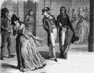 Charlotte Corday veitsenvalmistaja Badinissa, Palais-Royalin pelihallien alla vuonna 1793 - Kaiverrus "Histoire des Girondins" -kirjoitukseen, kirjoittanut Alphonse de Lamartine (1790-1869) 1865-1866 - Yksityinen kokoelma