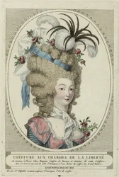 Coiffure Aux Charmes De La Liberte, Nimetön. Kuparikaiverrus, akvarelli, c. 1790, yksityinen kokoelma