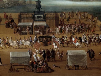 Cortege ohittaa Henri IV:n patsaan edessä Pont Neufilla Pariisissa 1600-luvun yksityiskohdassa. Anonyymi maalaus. Pariisi, Musee Carnavalet
