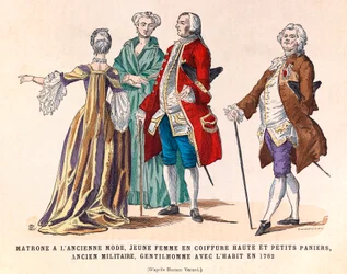 Vanhan muodikkaan emännän, nuoren naisen korkeat hiukset ja pienet korit, entisen sotilasmiehen ja pukuherrasmiehen puvut vuonna 1762 (kuningas Ludvig XV:n hallitus) - yksityinen kokoelma