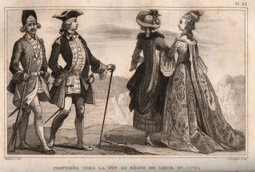 Puvut kuningas Ludvig XV:n hallituskauden lopulla (1770). Kaiverrus vuodelta 1859 Le Mondessa. Kaikkien kansojen historia kaukaisimmista ajoista nykypäivään." kirjoittanut M. E. de Lostalot-Bachoue (Lostalot Bachoue). Yksityinen kokoelma.