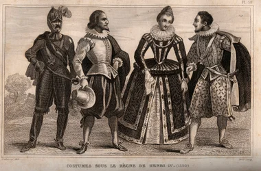 Henry IV:n vallan alaiset puvut (1590). Kaiverrus vuodelta 1859 Le Mondessa. Kaikkien kansojen historia kaukaisimmista ajoista nykypäivään." M. E. de Lostalot-Bachoue (Lostalot Bachoue). Yksityinen kokoelma.