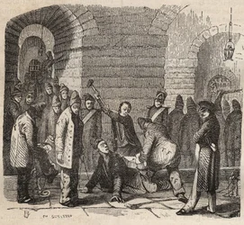 Kytkentä Rochefort bagnessa 1800-luvulla. Pierre Zacconen (1817-1895) (1817-1895) (Colonia Penale - Penal Colony) kaiverrus kirjaan ”Vangoitujen historia heidän luomisestaan ​​nykypäivään” (1877). Yksityinen kokoelma.
