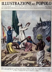 Poliittisen johtajan Mohandas Karamchand Gandhin (1869-1948) johtama mielenosoitus Englannin viranomaisia vastaan, kuvattuna seremonia niin kutsutun marttyyrien marssin aikana kohti Jalaipuria. Kuvitus julkaisusta "L