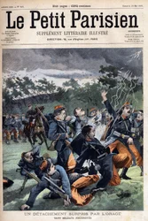 Myrskyn yllättynyt sotilasjoukko: seitsemän sotilasta isketään "" Le Petit Parisien" -rakennuksessa 19.5.1901 (kaiverrus)