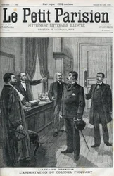 Dreyfusin tapaus, vuonna 1898, everstiluutnantti Georges Picquartin (1854-1914) pidätys. Teoksessa "Le petit Parisien" vuodelta 1898.