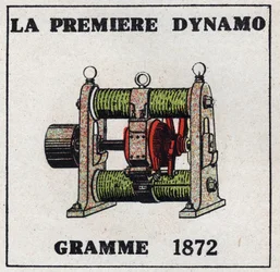 Dynamo: Zenobe Theophile Gramin (1826-1901) vuonna 1872 keksimä ensimmäinen dynamo. Nimetön kuvitus vuodelta 1925. Yksityinen kokoelma.
