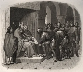 Edward Tunnittaja (yksi viimeisistä Englannin anglosaksisista kuninkaista) - Pyhä Edward Tunnittaja (1004-1066) antoi uusia lakeja kansalleen. Kaiverrus vuodelta 1846 kirjassa "Pyhien elämää". Yksityinen kokoelma.