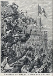 Etiopia: Menelik II:n choanien Makalen hyökkäys. Etiopia. Kaiverrus kirjaan "" Pieni pariisilainen""