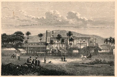 Ulkonäkymä Port of Spainin katedraalista Trinidad ja Tobagossa, Trinidad ja Tobagossa. Louis-Eugene (Louis Eugene) Louvetin kaiverrus "Katoliset lähetystyöt 1800-luvulla". yksityinen kokoelma.