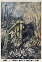 Ensimmäinen maailmansota 1914-1918 (sota 14-18). Ranskalainen upseeri taistelee yksin kahta Saksan armeijan pataljoonaa vastaan Bois de Cauresissa. "" Le Petite Journal" -lehdessä, 14.5.1916. Yksityinen kokoelma